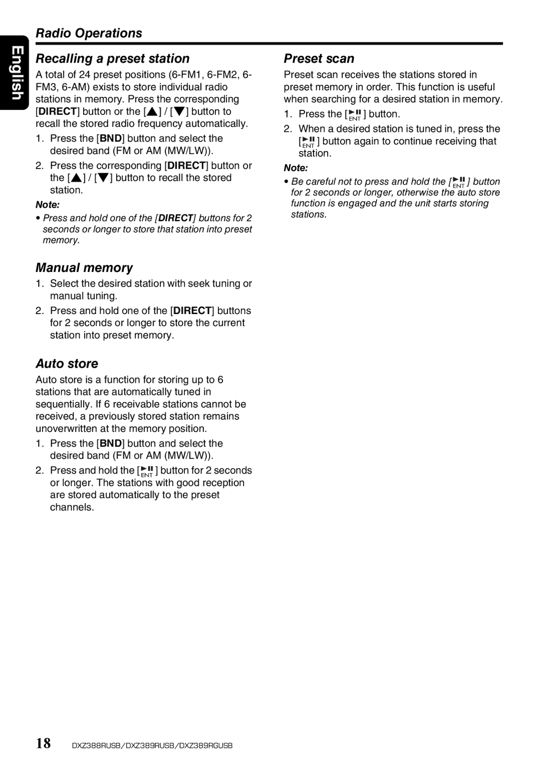 Clarion DXZ389RGUSB, DXZ389RUSB Radio Operations Recalling a preset station Preset scan, Manual memory, Auto store 