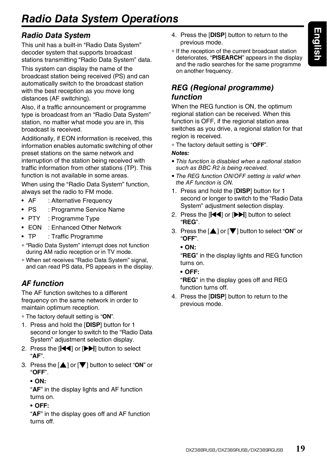 Clarion DXZ389RUSB, DXZ389RGUSB, DXZ388RUSB Radio Data System Operations, AF function, REG Regional programme function, Off 