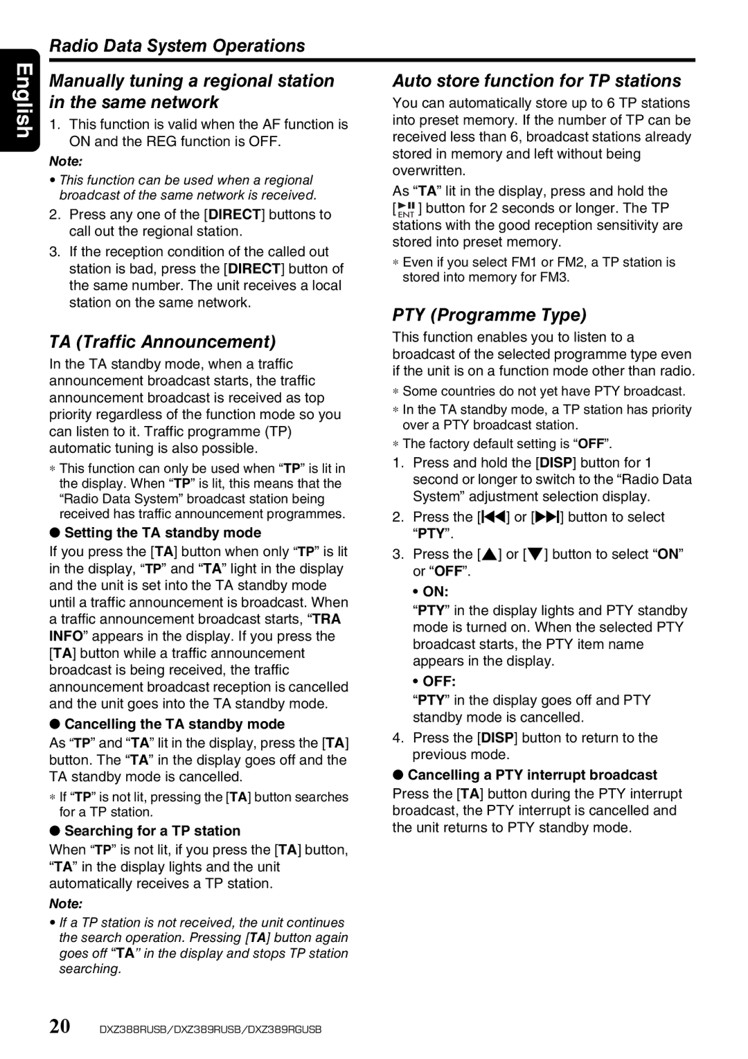 Clarion DXZ388RUSB PTY Programme Type, TA Traffic Announcement, Setting the TA standby mode, Searching for a TP station 