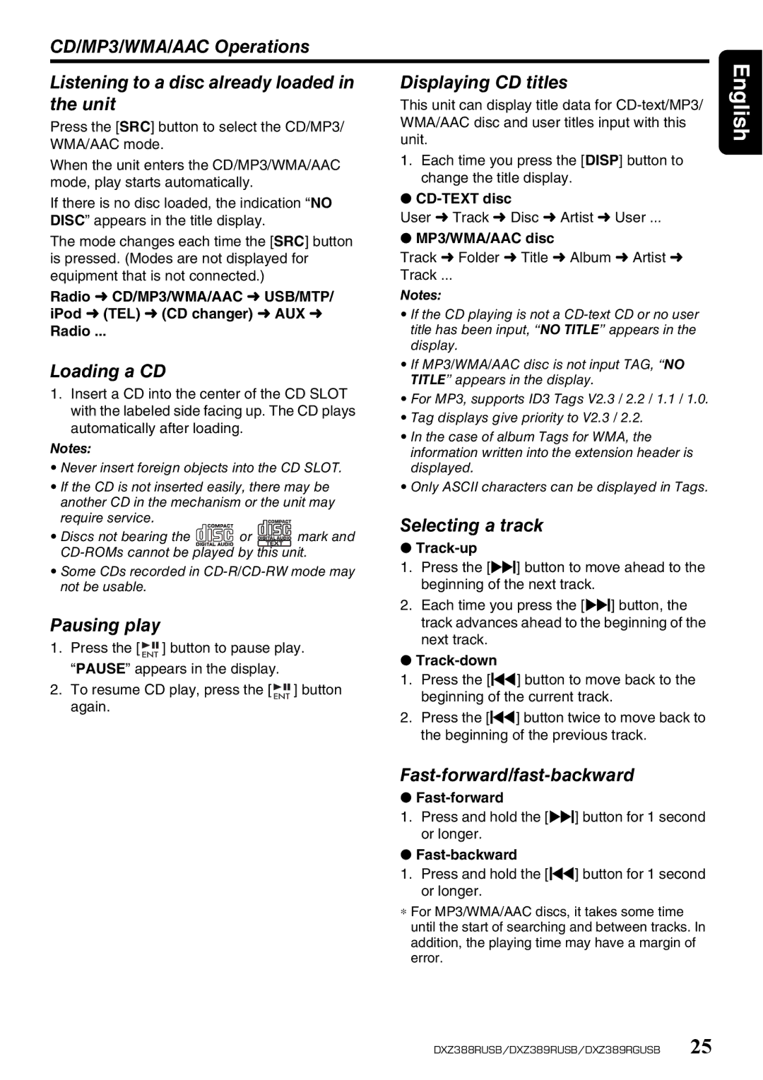 Clarion DXZ389RUSB, DXZ389RGUSB, DXZ388RUSB Loading a CD, Pausing play, Selecting a track, Fast-forward/fast-backward 