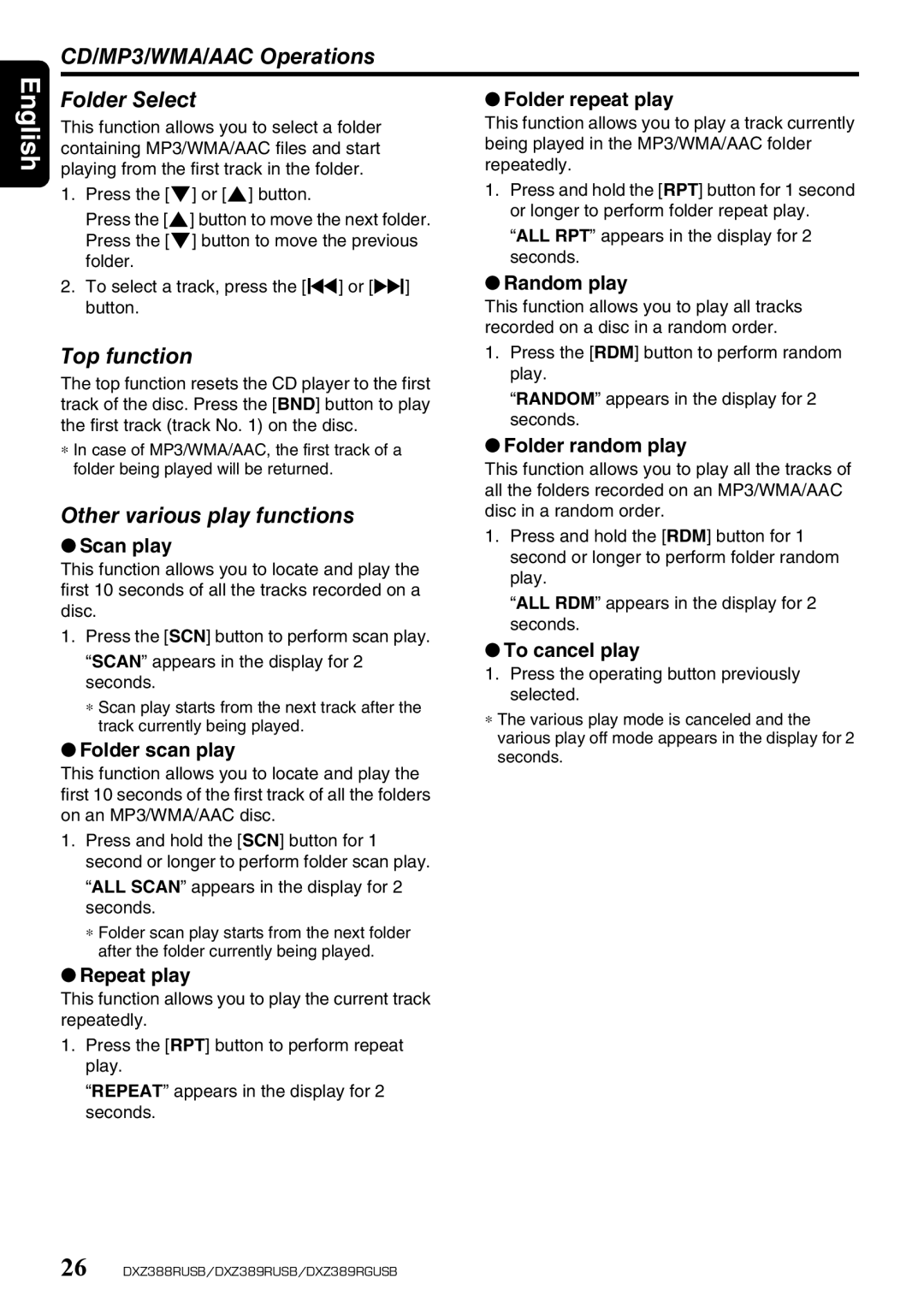 Clarion DXZ388RUSB, DXZ389RGUSB CD/MP3/WMA/AAC Operations Folder Select, Top function, Other various play functions 