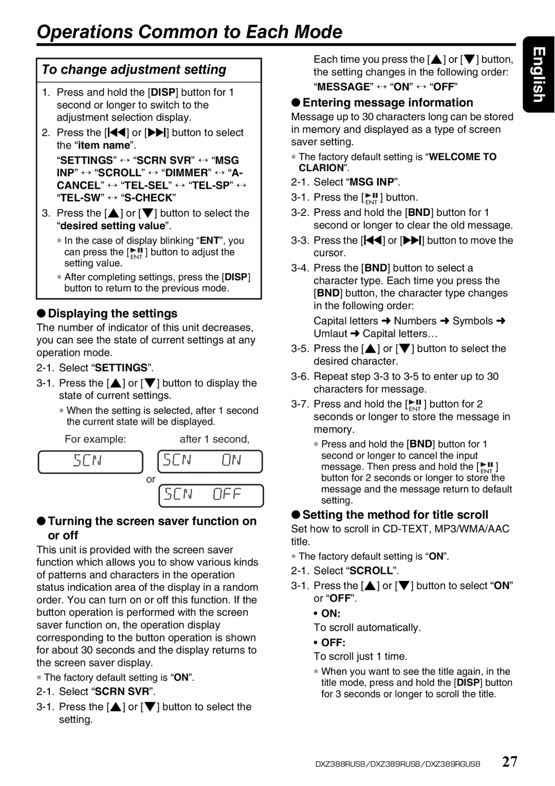 Clarion DXZ389RGUSB, DXZ389RUSB, DXZ388RUSB owner manual Operations Common to Each Mode, To change adjustment setting 