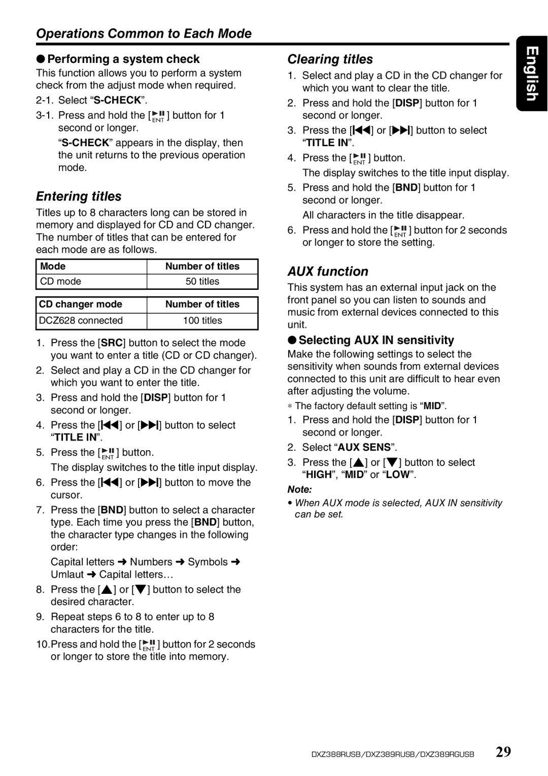 Clarion DXZ388RUSB Clearing titles, Entering titles, AUX function, Performing a system check, Selecting AUX in sensitivity 