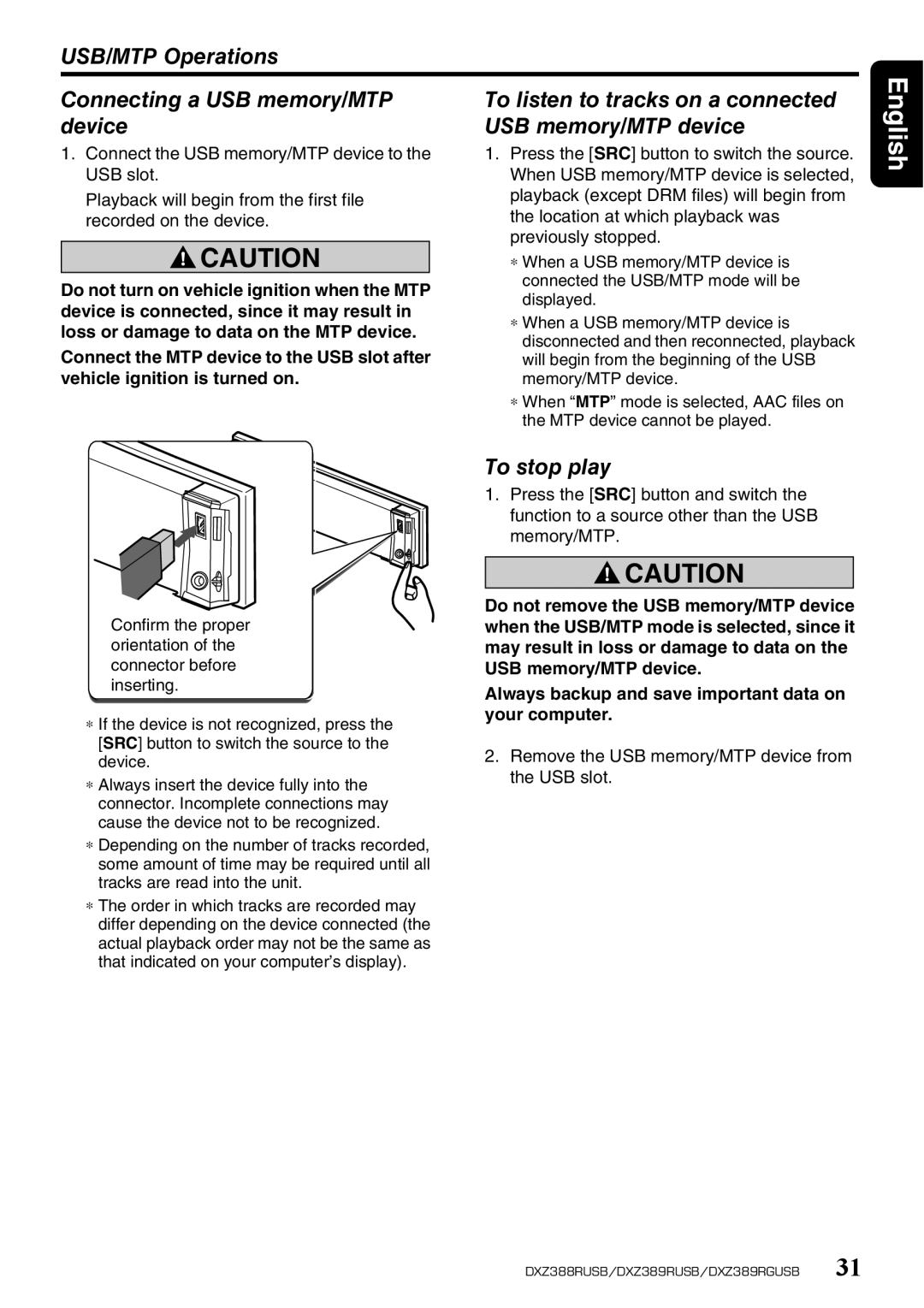 Clarion DXZ389RUSB, DXZ389RGUSB, DXZ388RUSB owner manual To stop play, Always backup and save important data on your computer 