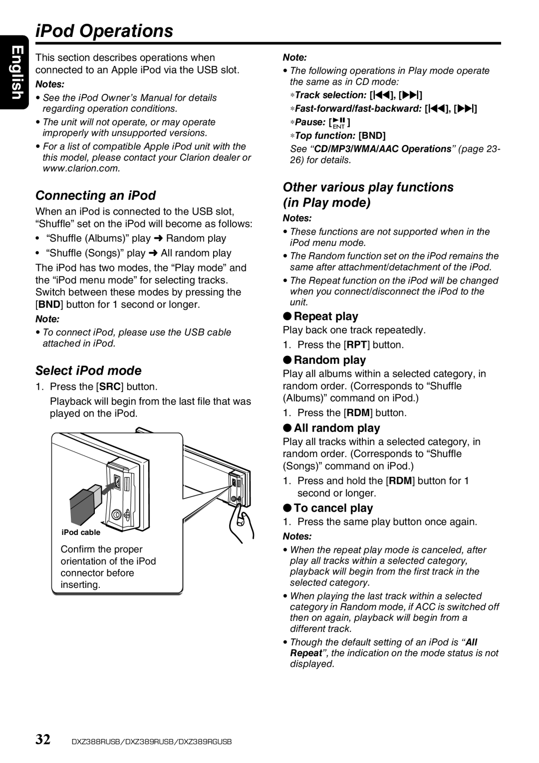 Clarion DXZ388RUSB IPod Operations, Connecting an iPod, Select iPod mode, Other various play functions in Play mode 
