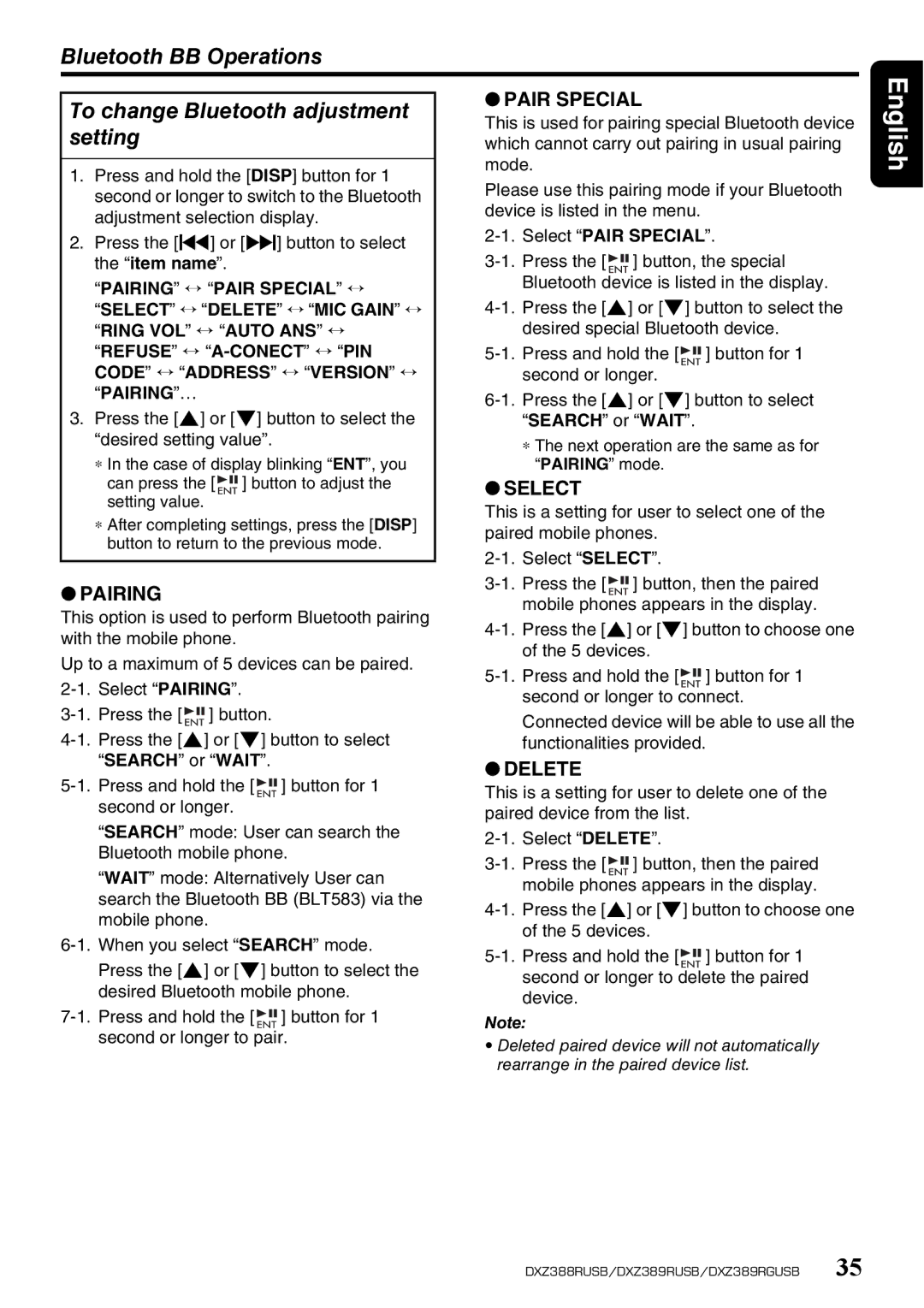 Clarion DXZ388RUSB, DXZ389RGUSB, DXZ389RUSB owner manual Bluetooth BB Operations, To change Bluetooth adjustment, Setting 