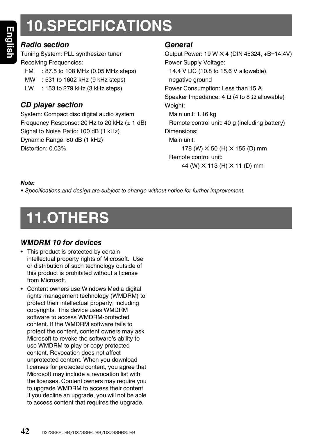 Clarion DXZ389RGUSB, DXZ389RUSB, DXZ388RUSB owner manual Specifications, Others 