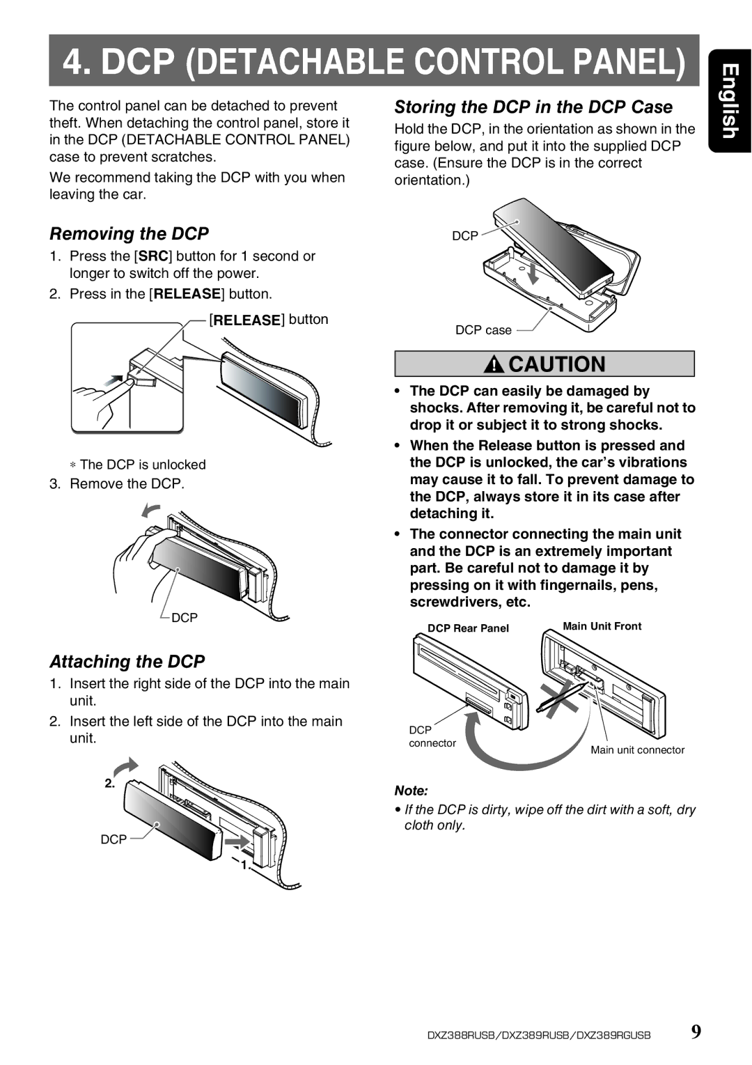 Clarion DXZ389RGUSB, DXZ389RUSB Removing the DCP, Attaching the DCP Storing the DCP in the DCP Case, Remove the DCP 