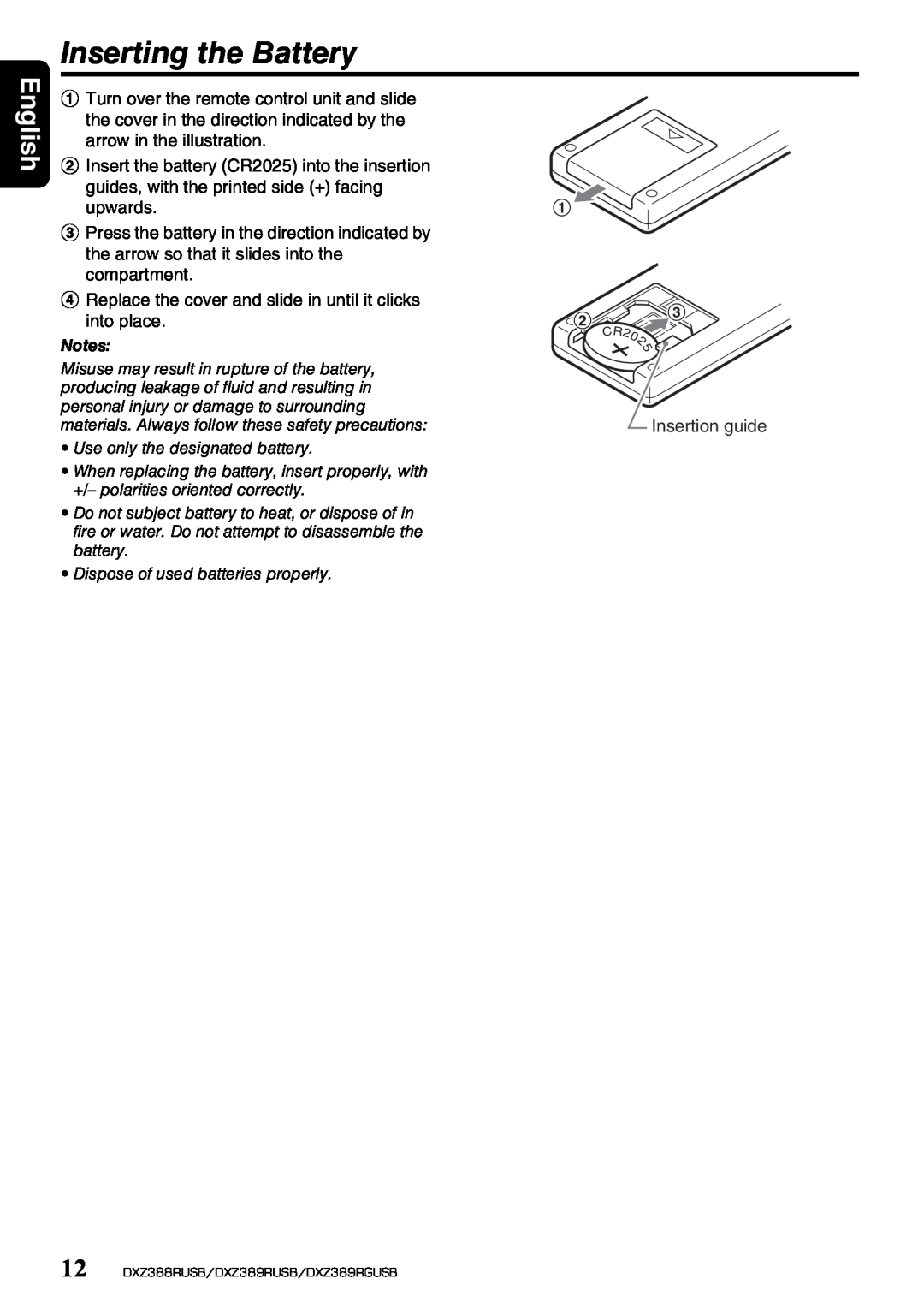Clarion DXZ389RGUSB, DXZ389RUSB, DXZ388RUSB owner manual Inserting the Battery, English 