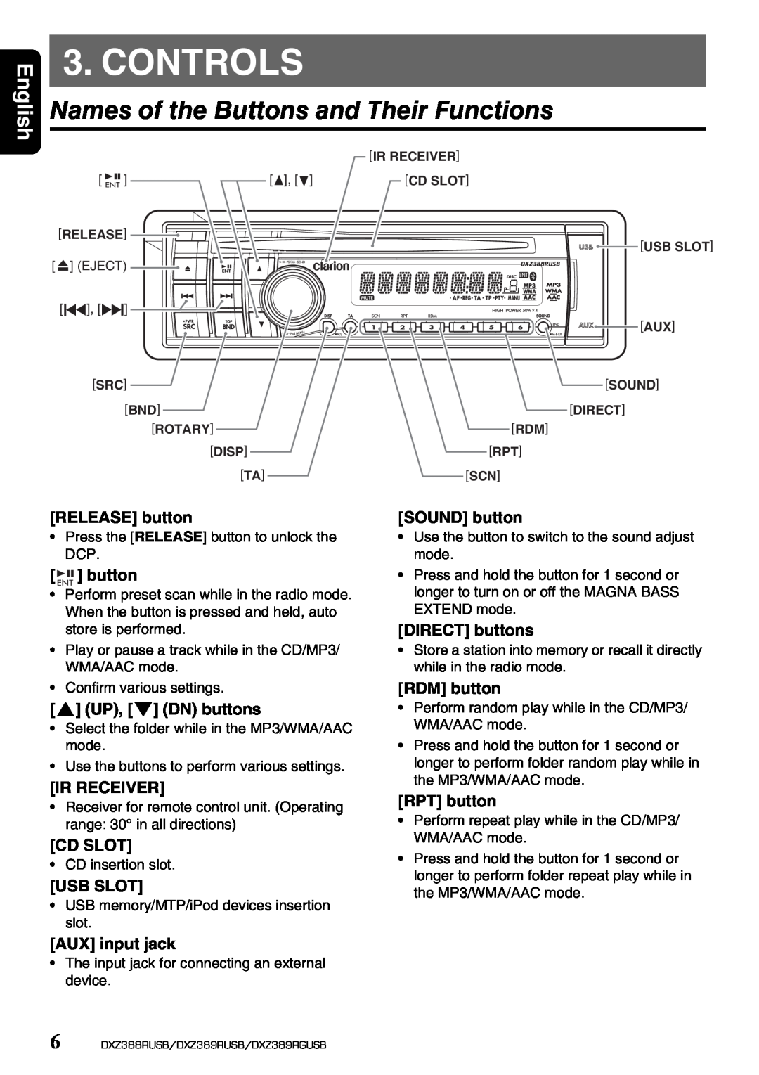 Clarion DXZ389RGUSB, DXZ389RUSB, DXZ388RUSB owner manual Controls, Names of the Buttons and Their Functions, English 