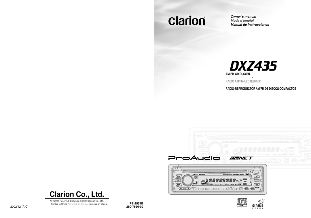 Clarion DXZ435 owner manual 2002/12 A·C, PE-2554B 