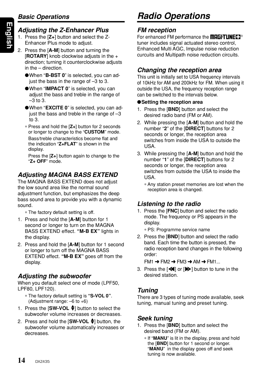 Clarion DXZ435 owner manual Radio Operations 