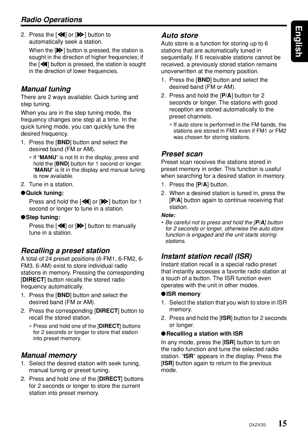 Clarion DXZ435 Radio Operations, Manual tuning Auto store, Preset scan, Recalling a preset station, Manual memory 