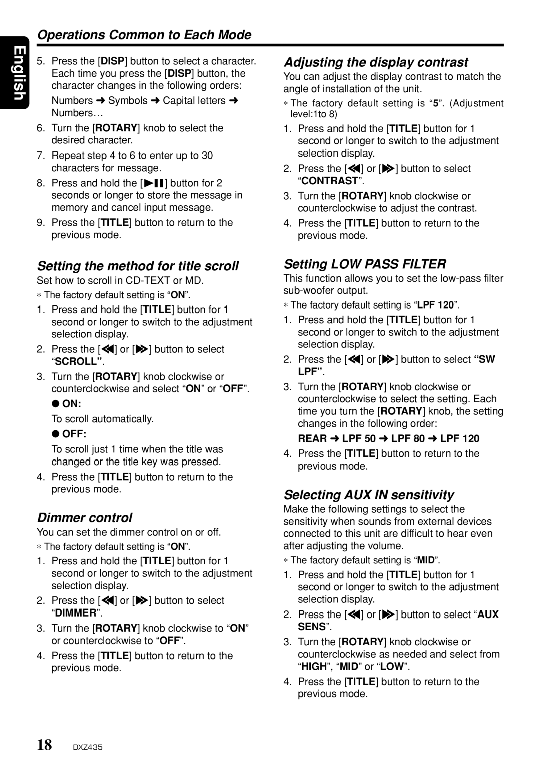 Clarion DXZ435 Operations Common to Each Mode, Adjusting the display contrast, Setting the method for title scroll 