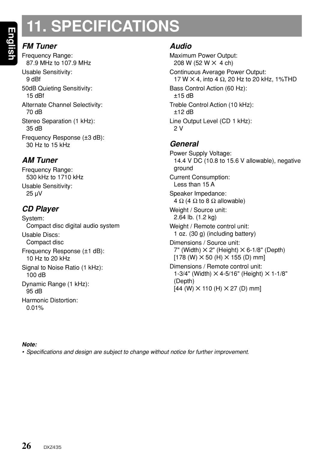 Clarion DXZ435 owner manual Specifications 