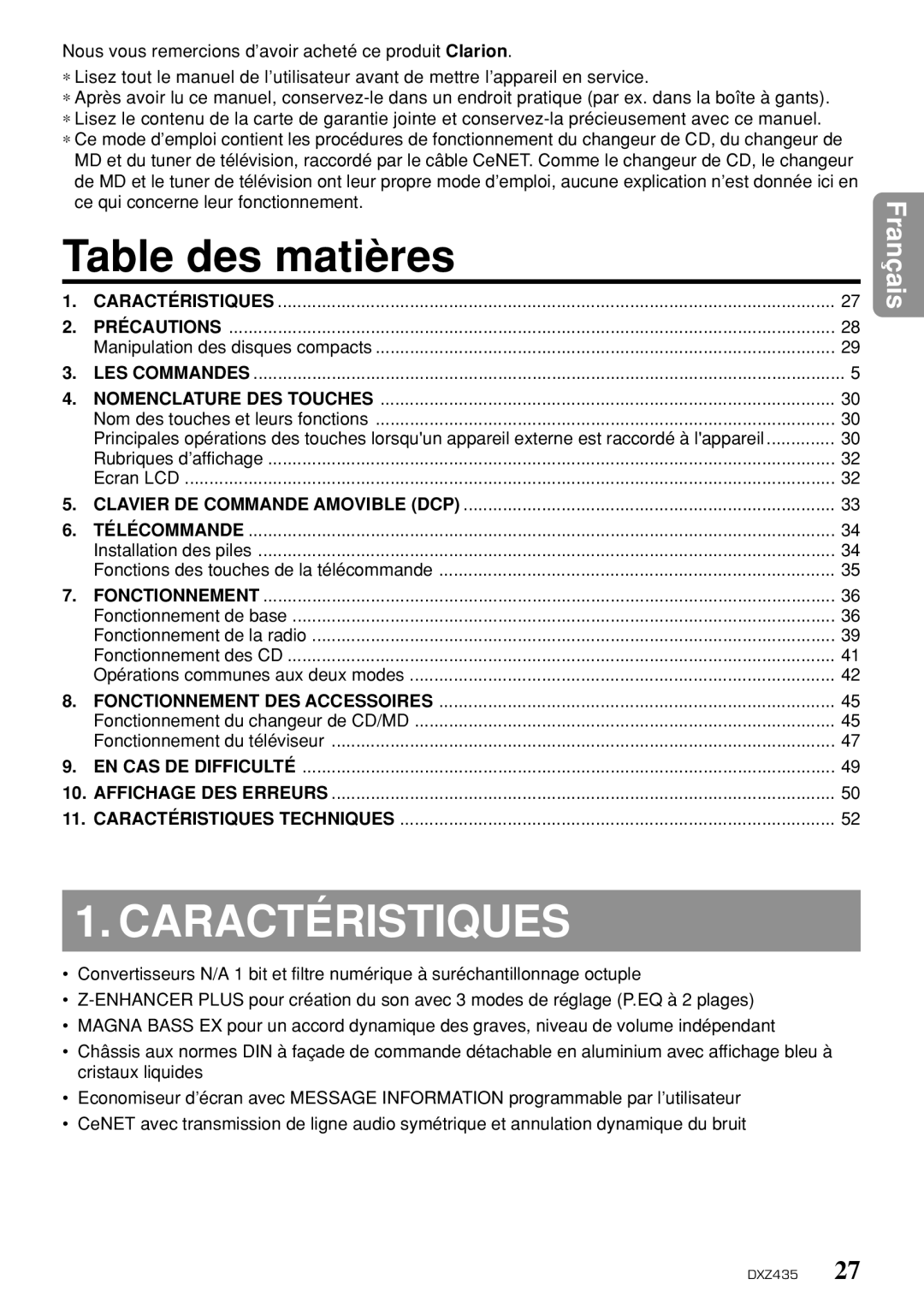 Clarion DXZ435 Caractéristiques, Ecran LCD, Installation des piles, Fonctionnement de la radio Fonctionnement des CD 