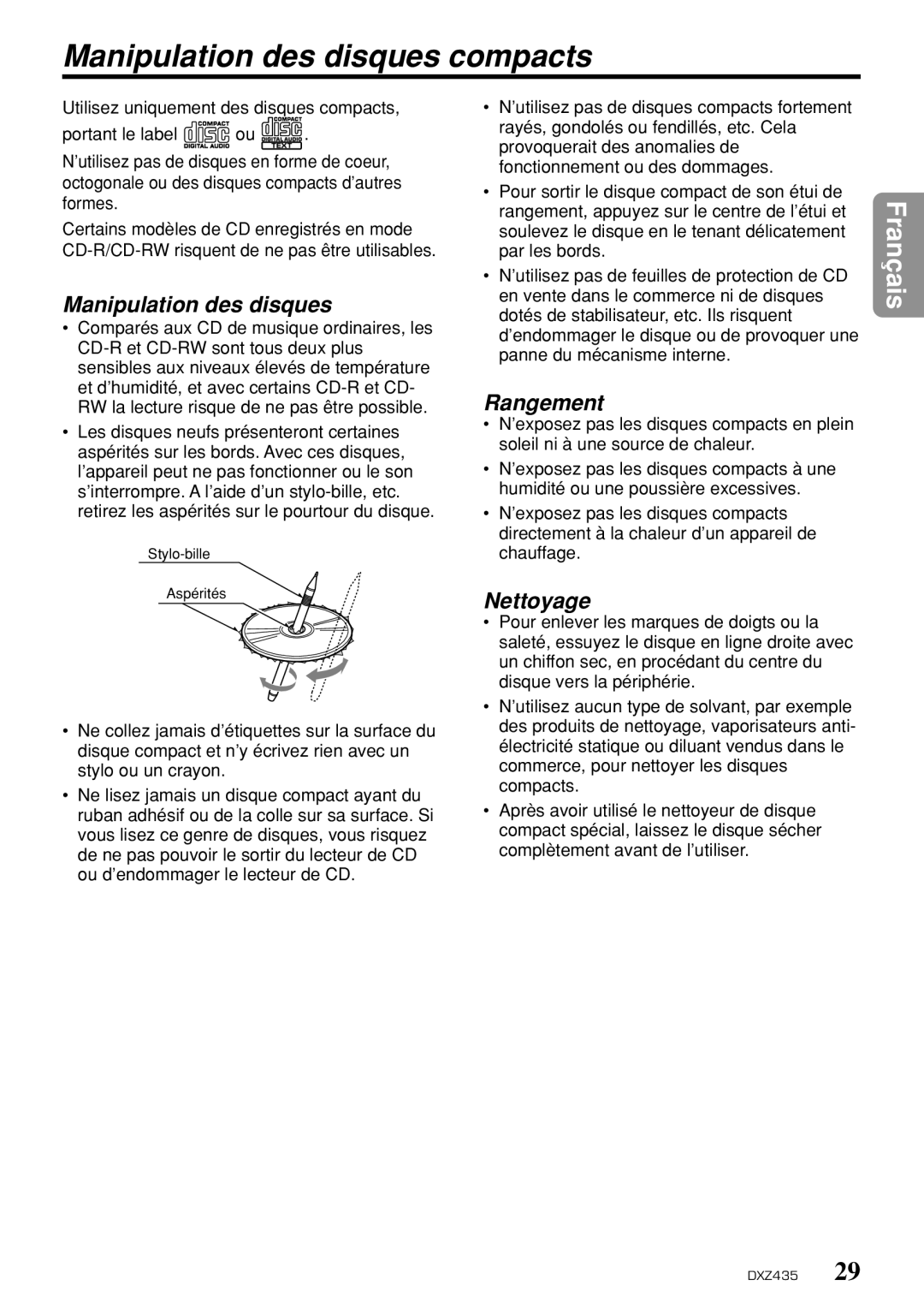 Clarion DXZ435 owner manual Manipulation des disques compacts, Rangement, Nettoyage 