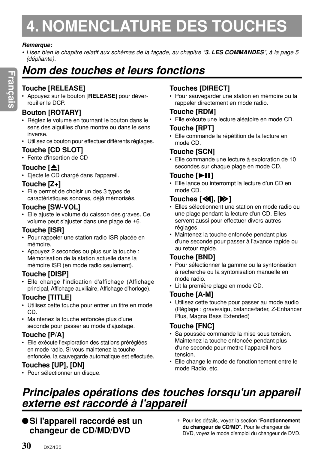 Clarion DXZ435 owner manual Nomenclature DES Touches, Nom des touches et leurs fonctions 