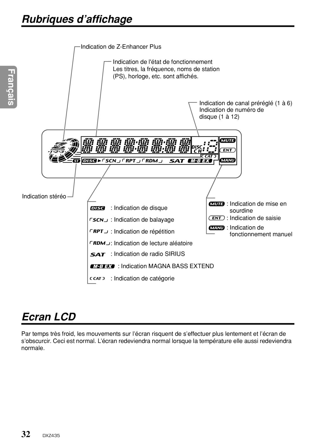 Clarion DXZ435 owner manual Rubriques d’affichage, Ecran LCD 