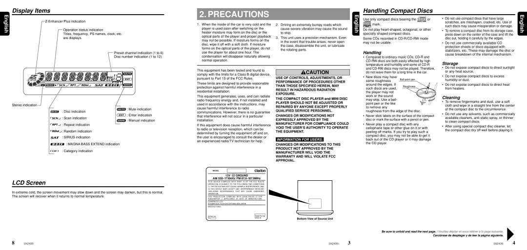 Clarion DXZ435 owner manual Precautions, Display Items, LCD Screen 