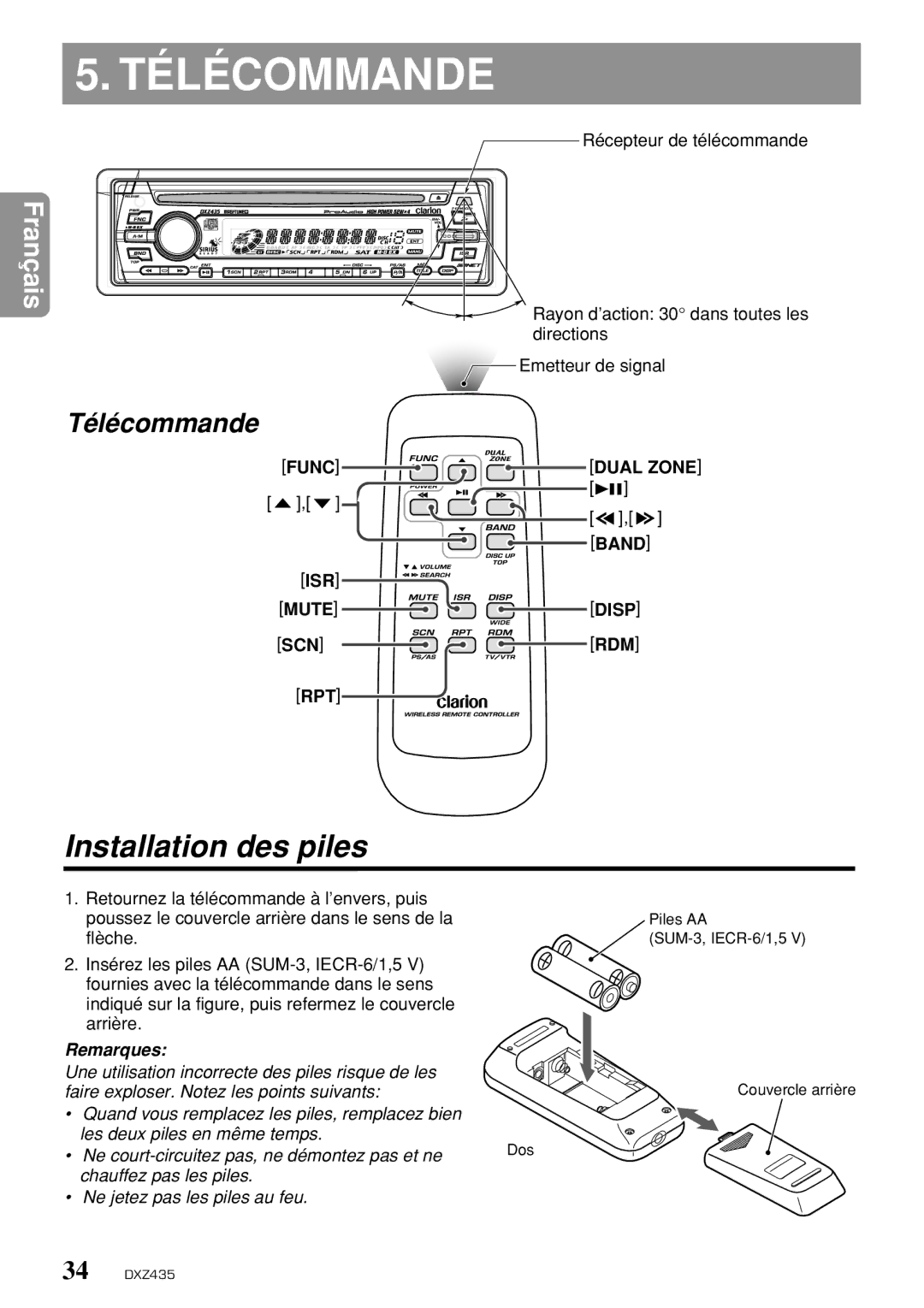 Clarion DXZ435 owner manual Télécommande, Installation des piles 