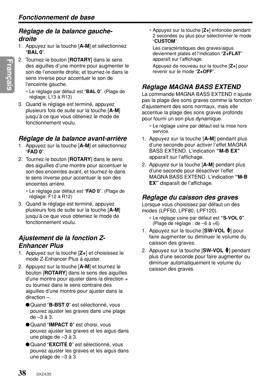 Clarion DXZ435 owner manual Fonctionnement de base Réglage de la balance gauche, Droite, Réglage Magna Bass Extend 