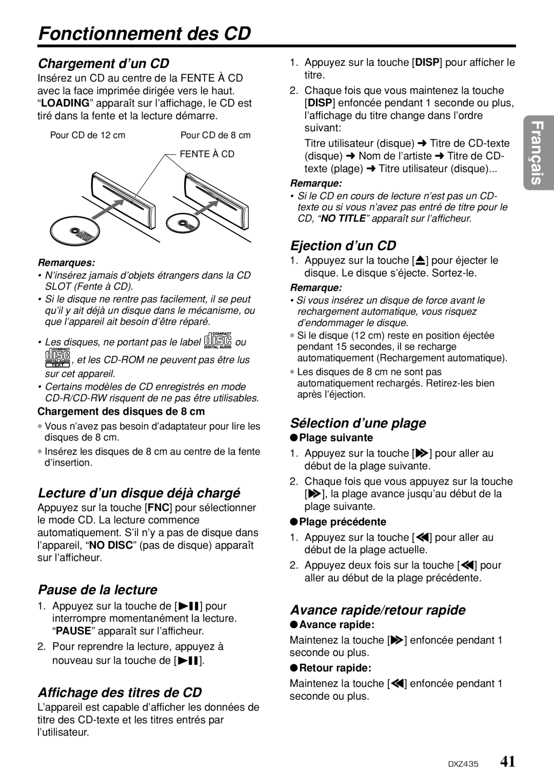 Clarion DXZ435 owner manual Fonctionnement des CD 