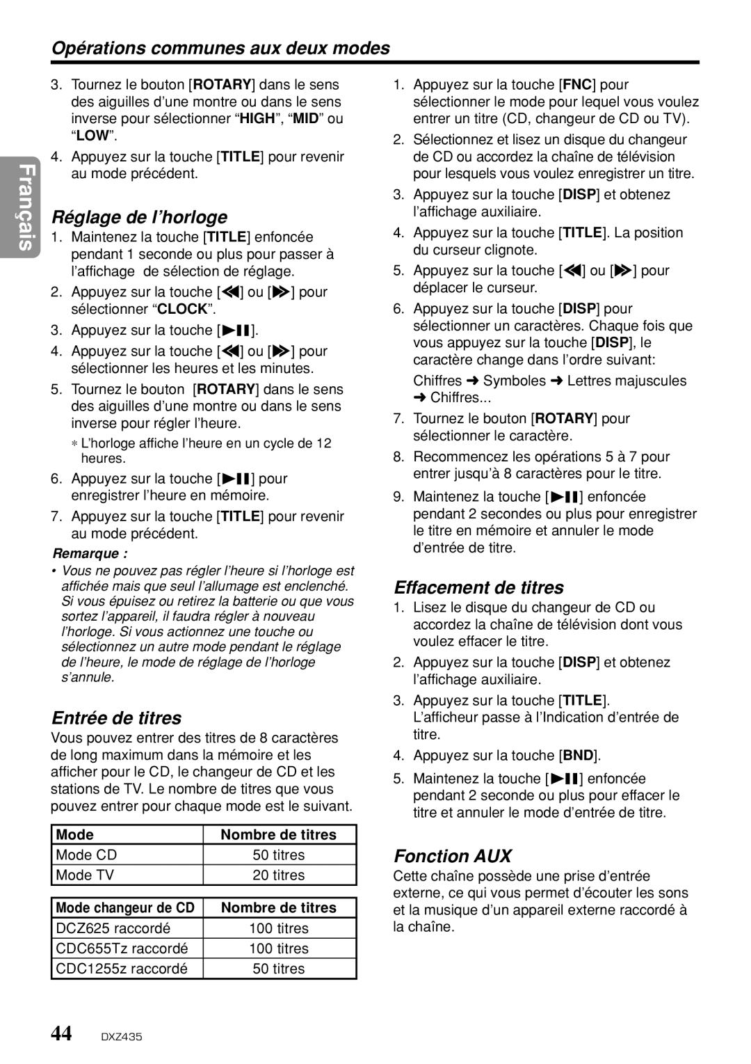 Clarion DXZ435 Réglage de l’horloge, Entrée de titres, Effacement de titres, Fonction AUX, Mode Nombre de titres 