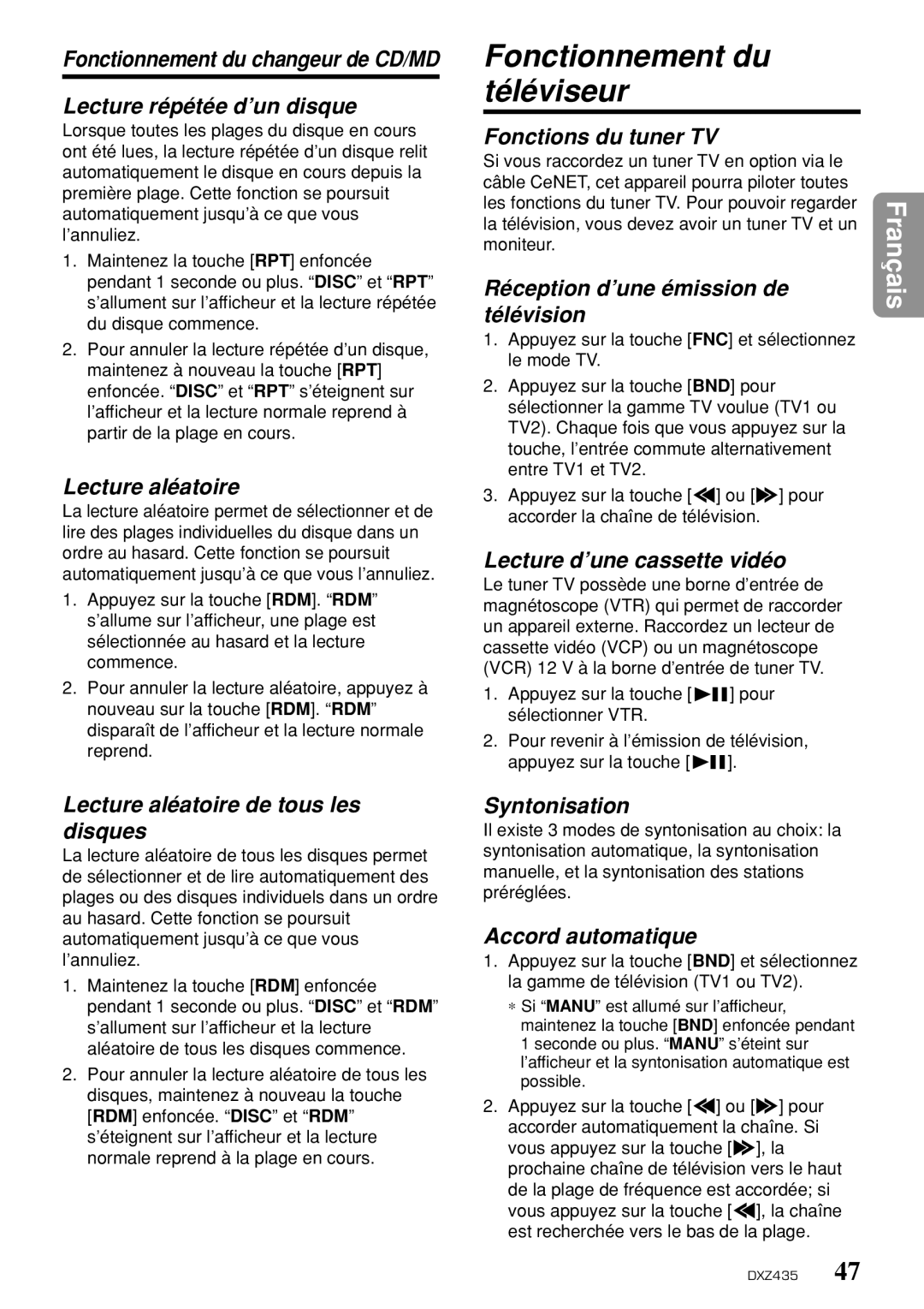 Clarion DXZ435 owner manual Fonctionnement du téléviseur 