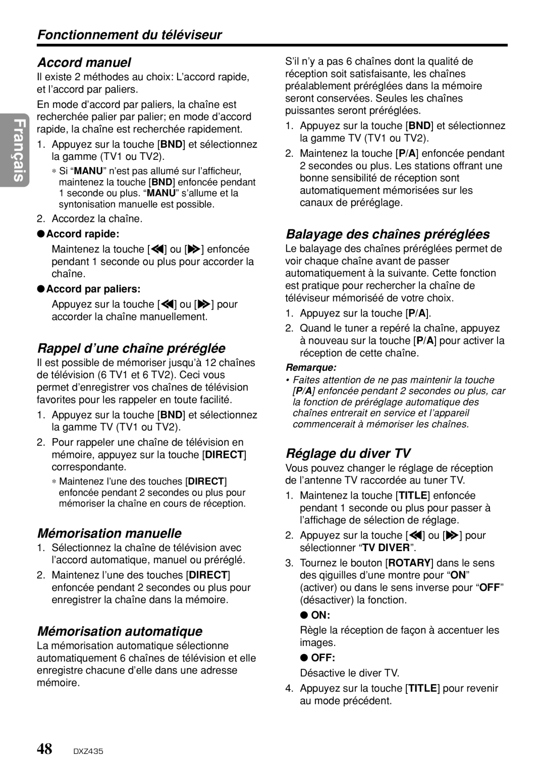 Clarion DXZ435 owner manual Fonctionnement du téléviseur, Rappel d’une chaîne préréglée, Balayage des chaînes préréglées 