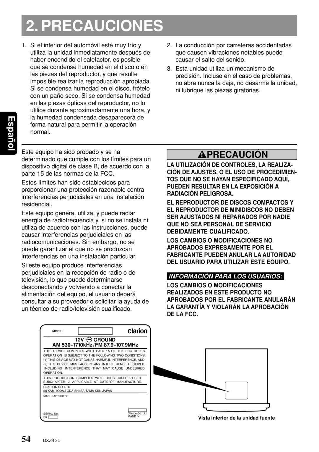 Clarion DXZ435 owner manual Precauciones, Español 