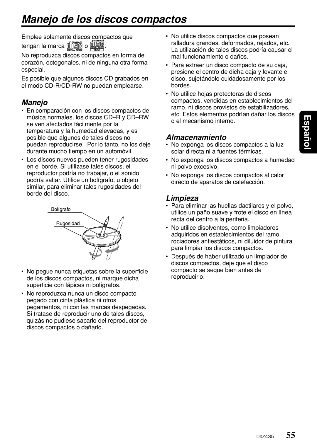 Clarion DXZ435 owner manual Manejo de los discos compactos, Almacenamiento, Limpieza 