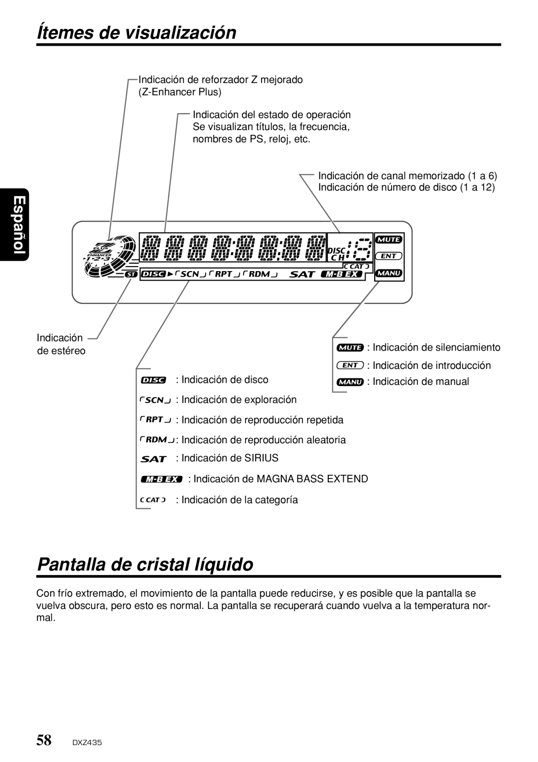 Clarion DXZ435 owner manual Ítemes de visualización, Pantalla de cristal líquido 