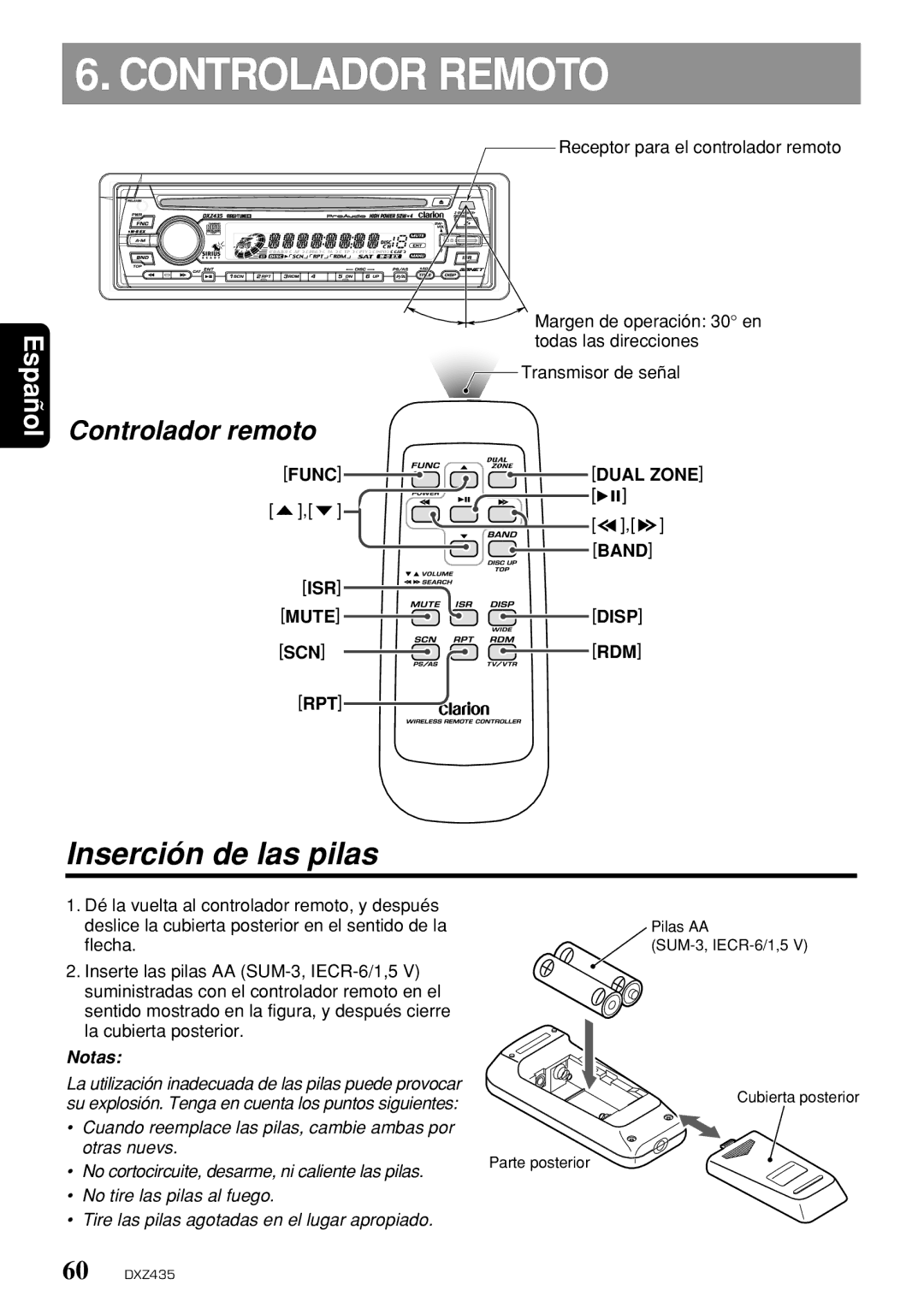 Clarion DXZ435 Controlador Remoto, Inserción de las pilas, Receptor para el controlador remoto, Mute Disp SCN RDM 