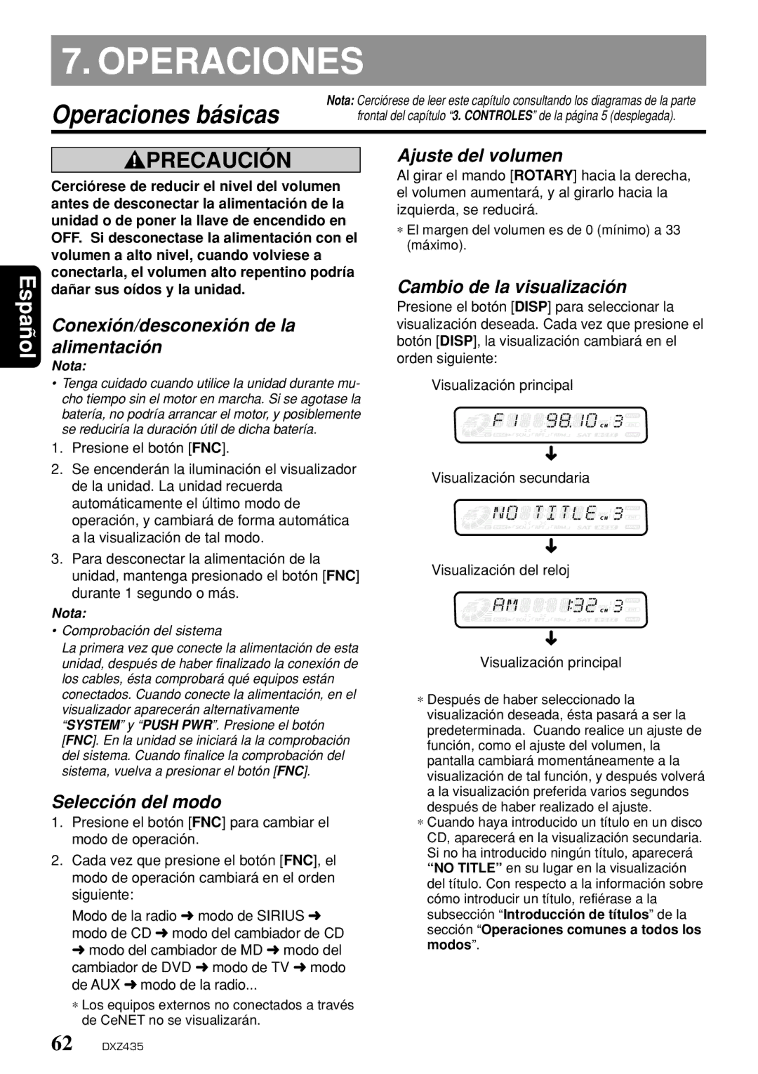 Clarion DXZ435 owner manual Operaciones básicas 