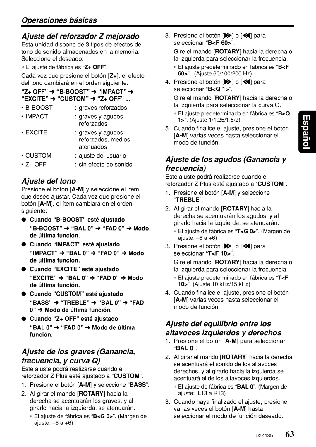 Clarion DXZ435 owner manual Operaciones básicas Ajuste del reforzador Z mejorado, Ajuste del tono 