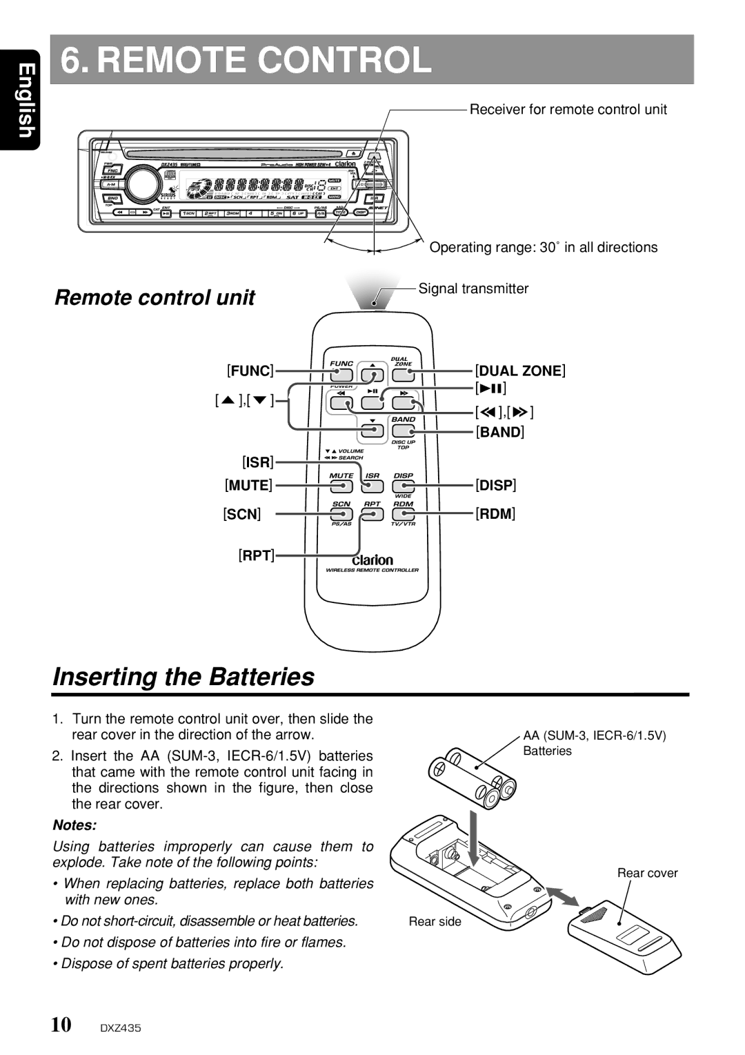 Clarion DXZ435 owner manual Remote Control, Inserting the Batteries, Func, Band, ISR Mute Disp SCN RDM 