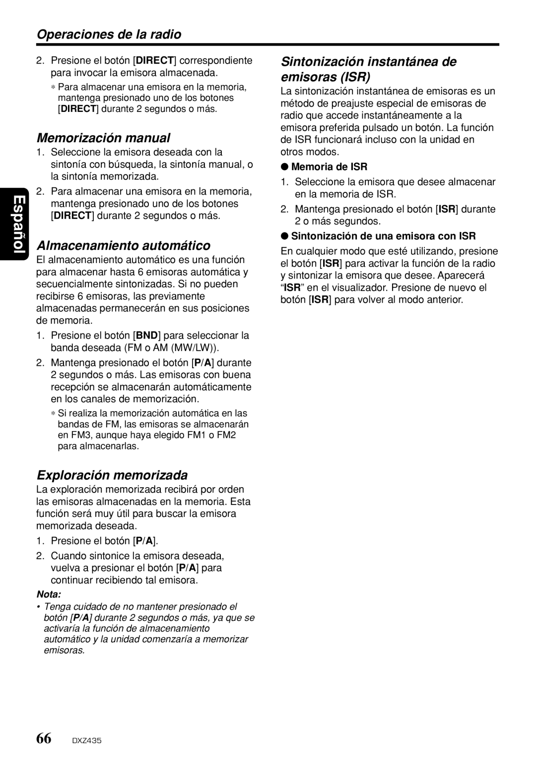 Clarion DXZ435 owner manual Operaciones de la radio, Memorización manual, Almacenamiento automático, Exploración memorizada 