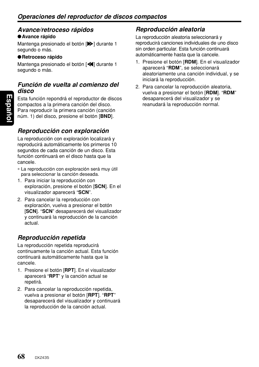 Clarion DXZ435 Operaciones del reproductor de discos compactos, Avance/retroceso rápidos, Reproducción aleatoria 