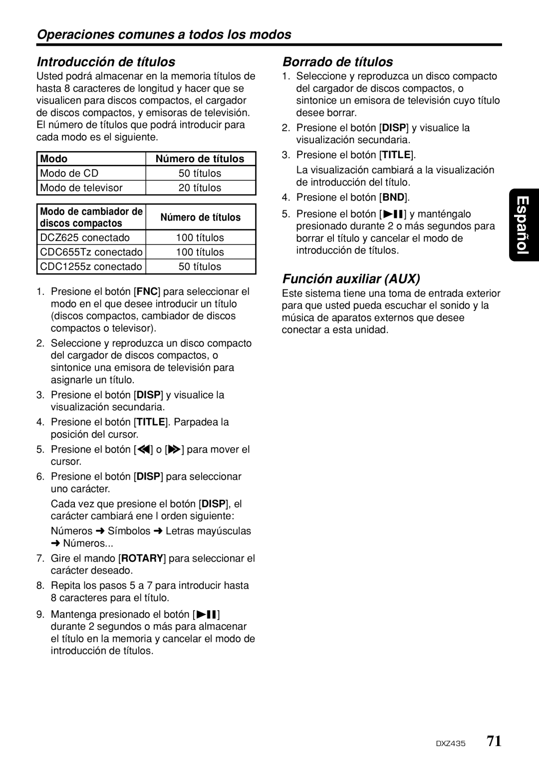 Clarion DXZ435 owner manual Borrado de títulos, Función auxiliar AUX, Modo Número de títulos, Discos compactos 