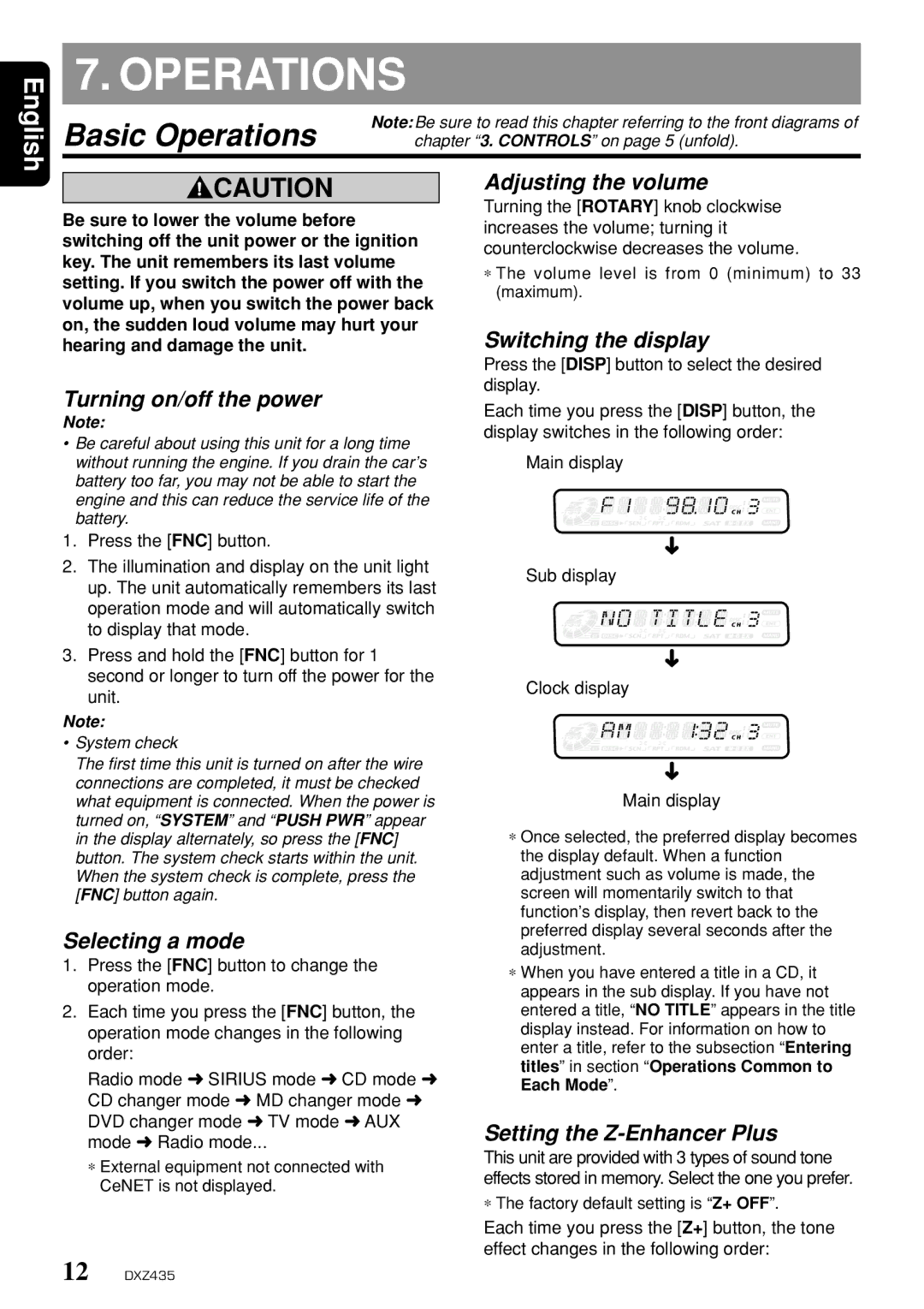 Clarion DXZ435 owner manual Basic Operations 