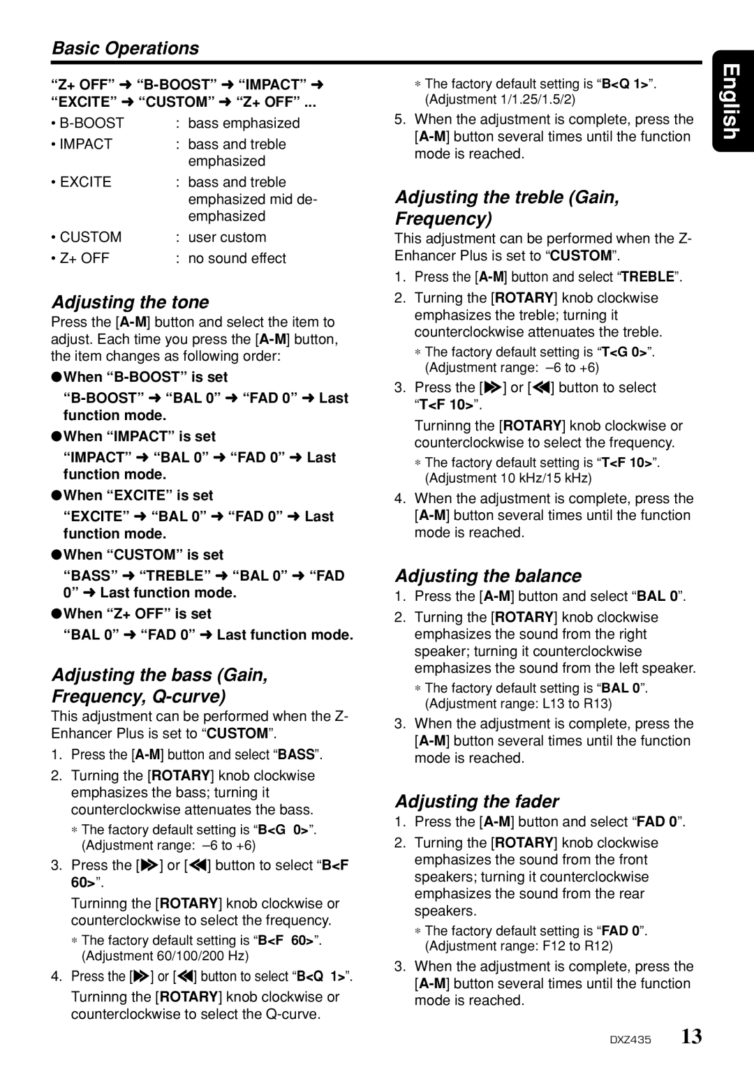 Clarion DXZ435 Basic Operations, Adjusting the tone, Adjusting the bass Gain Frequency, Q-curve, Adjusting the balance 