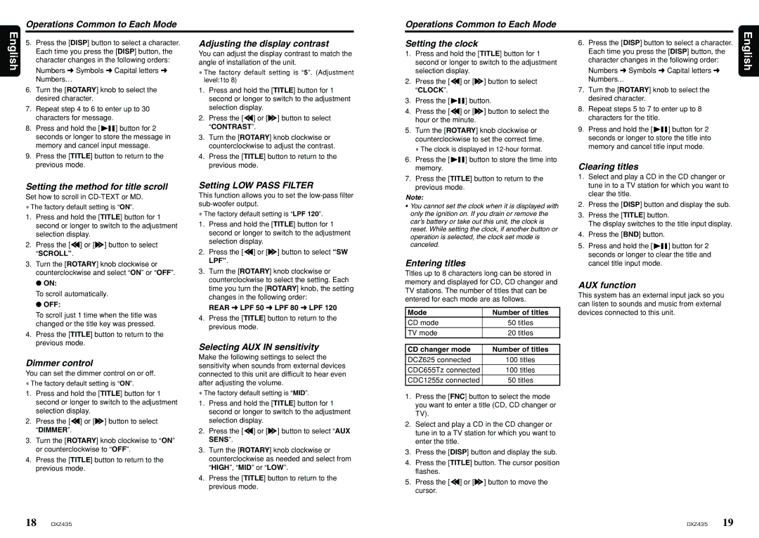 Clarion DXZ435 Operations Common to Each Mode, Adjusting the display contrast, Setting the clock, Clearing titles 