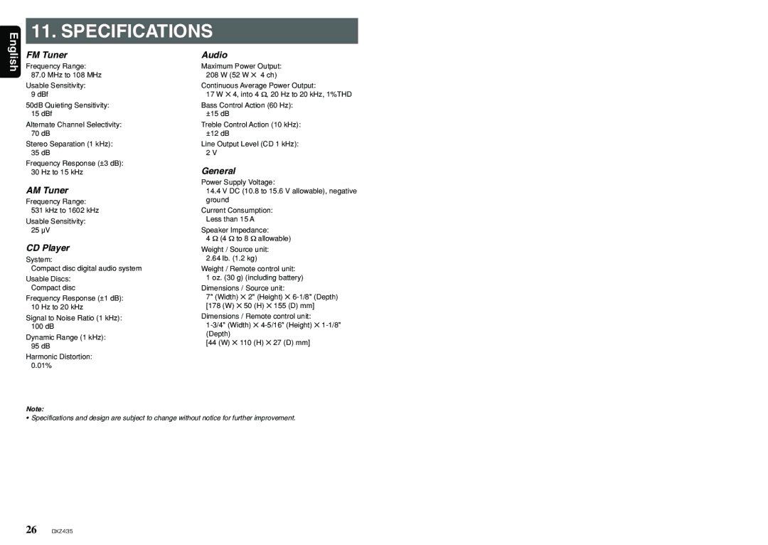 Clarion DXZ435 owner manual Specifications 