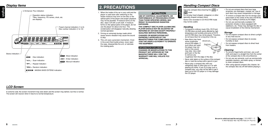 Clarion DXZ435 owner manual Display Items, Handling Compact Discs, LCD Screen 