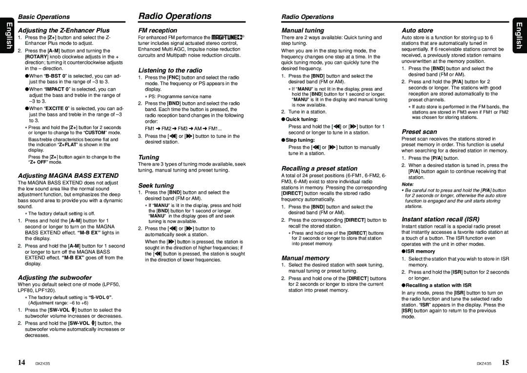 Clarion DXZ435 owner manual Radio Operations 