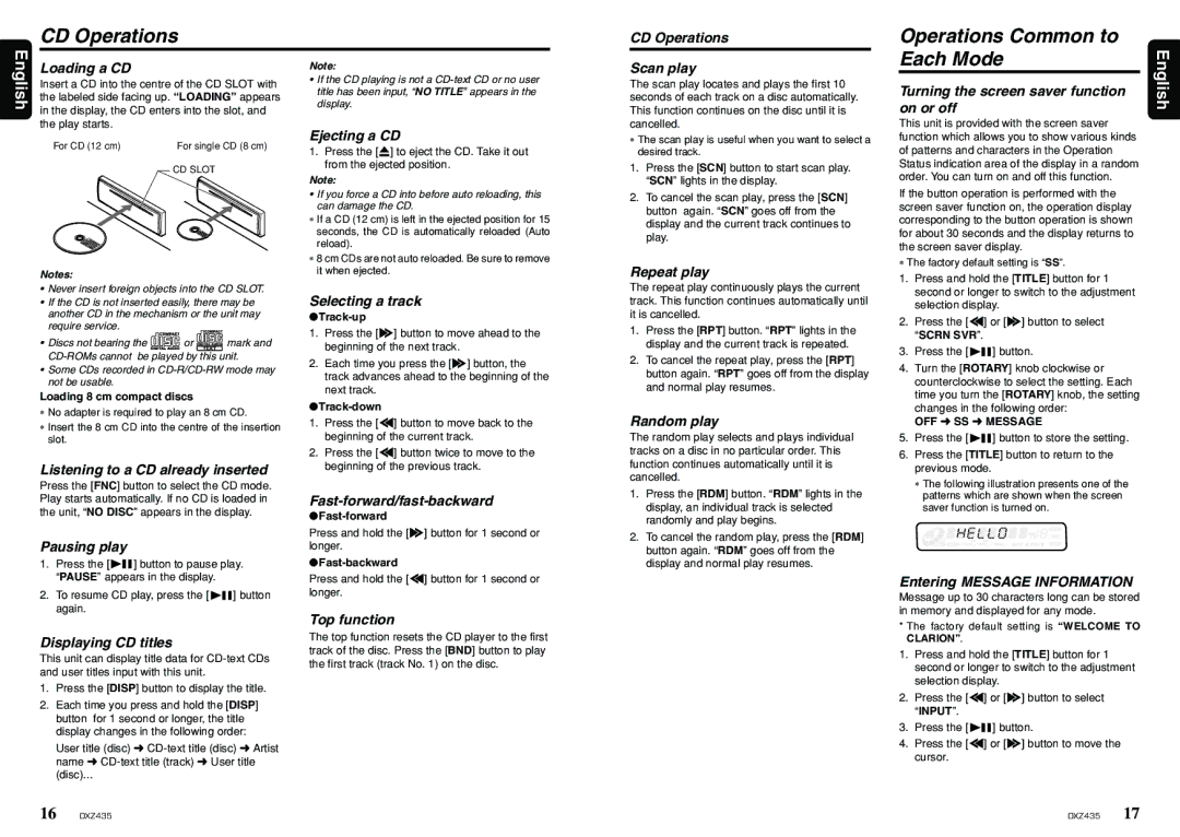 Clarion DXZ435 owner manual CD Operations, Operations Common to Each Mode 