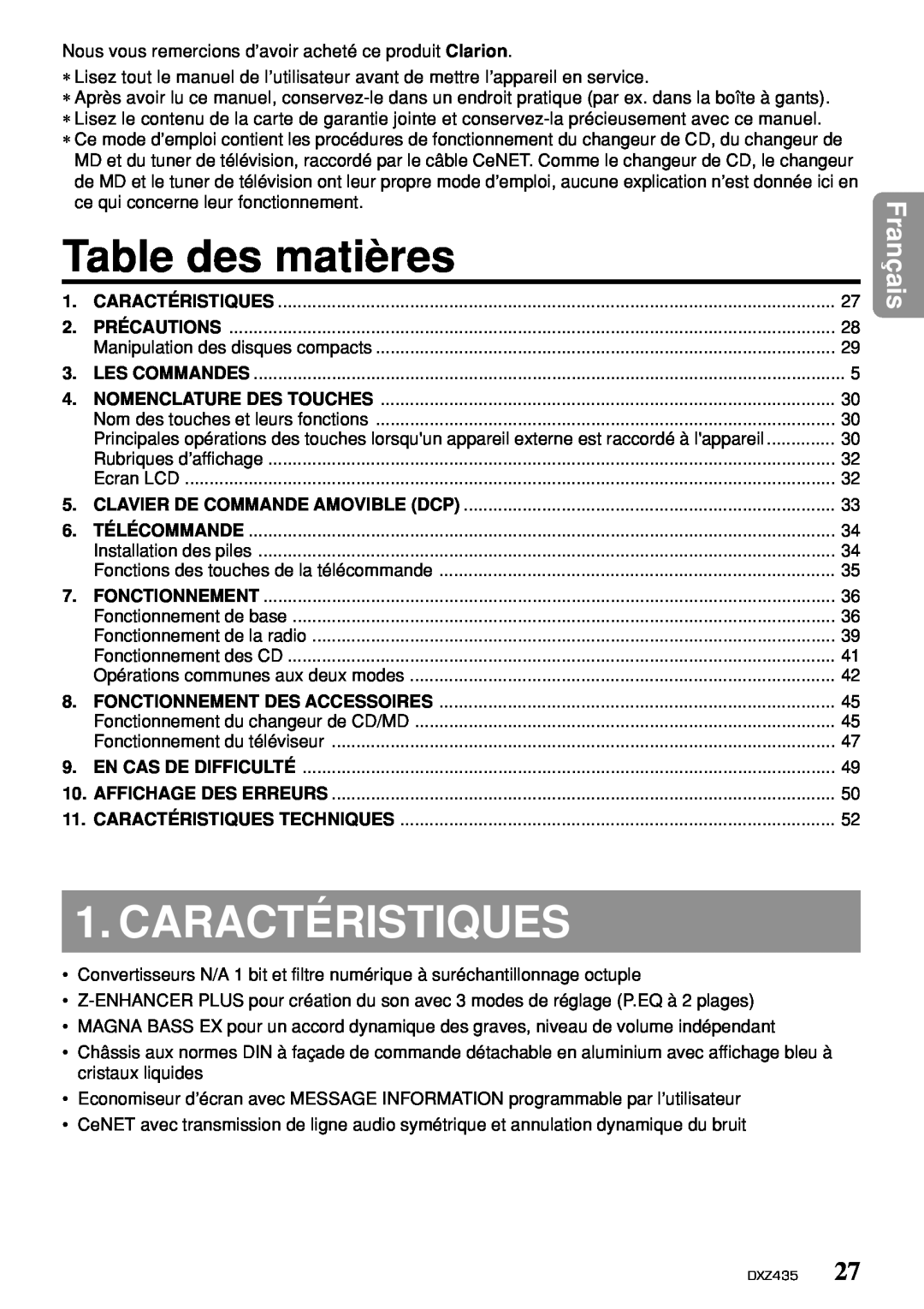 Clarion DXZ435 owner manual Table des matières, Caractéristiques, Français 