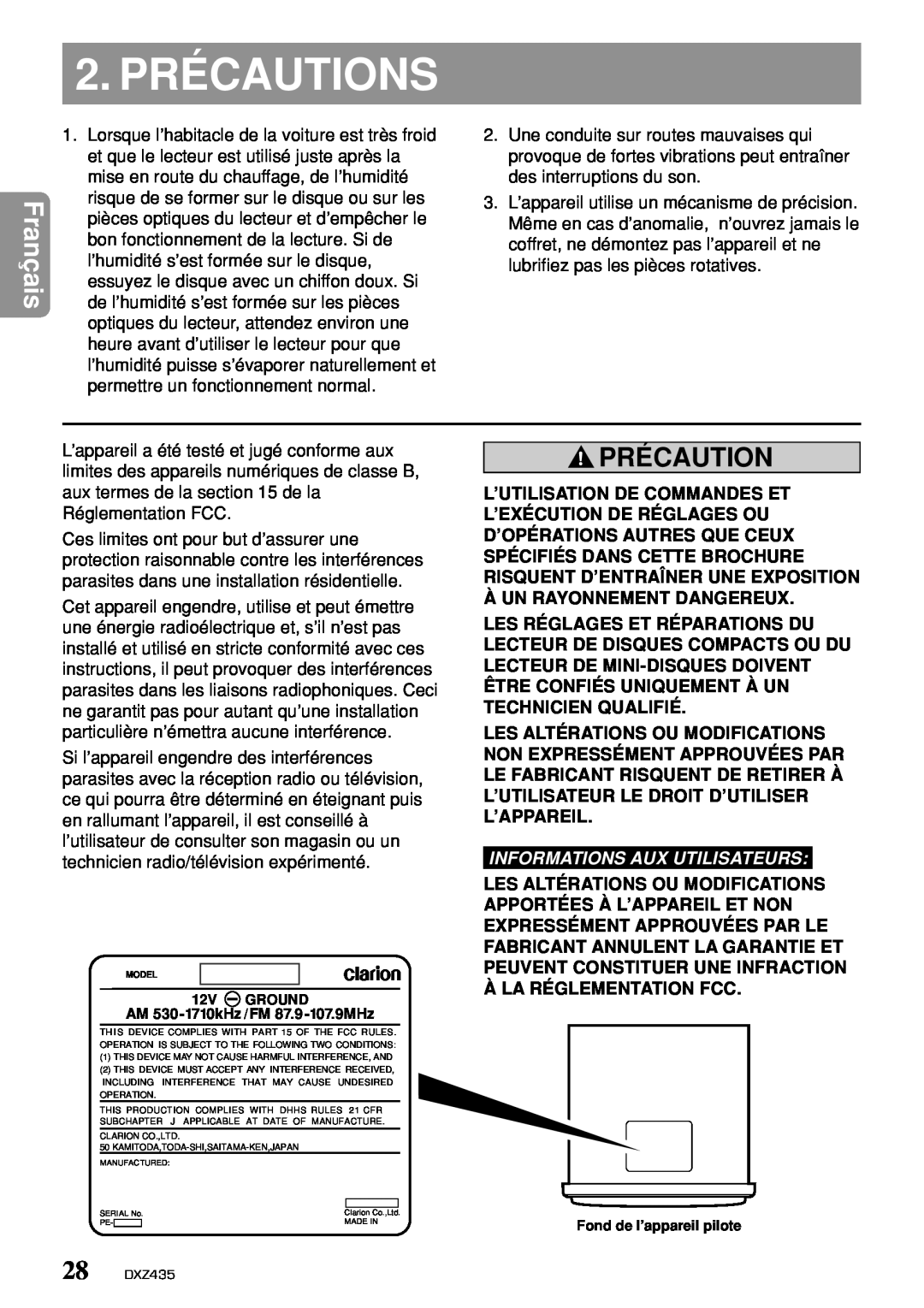 Clarion DXZ435 owner manual 2. PRÉCAUTIONS, Précaution, Informations Aux Utilisateurs 
