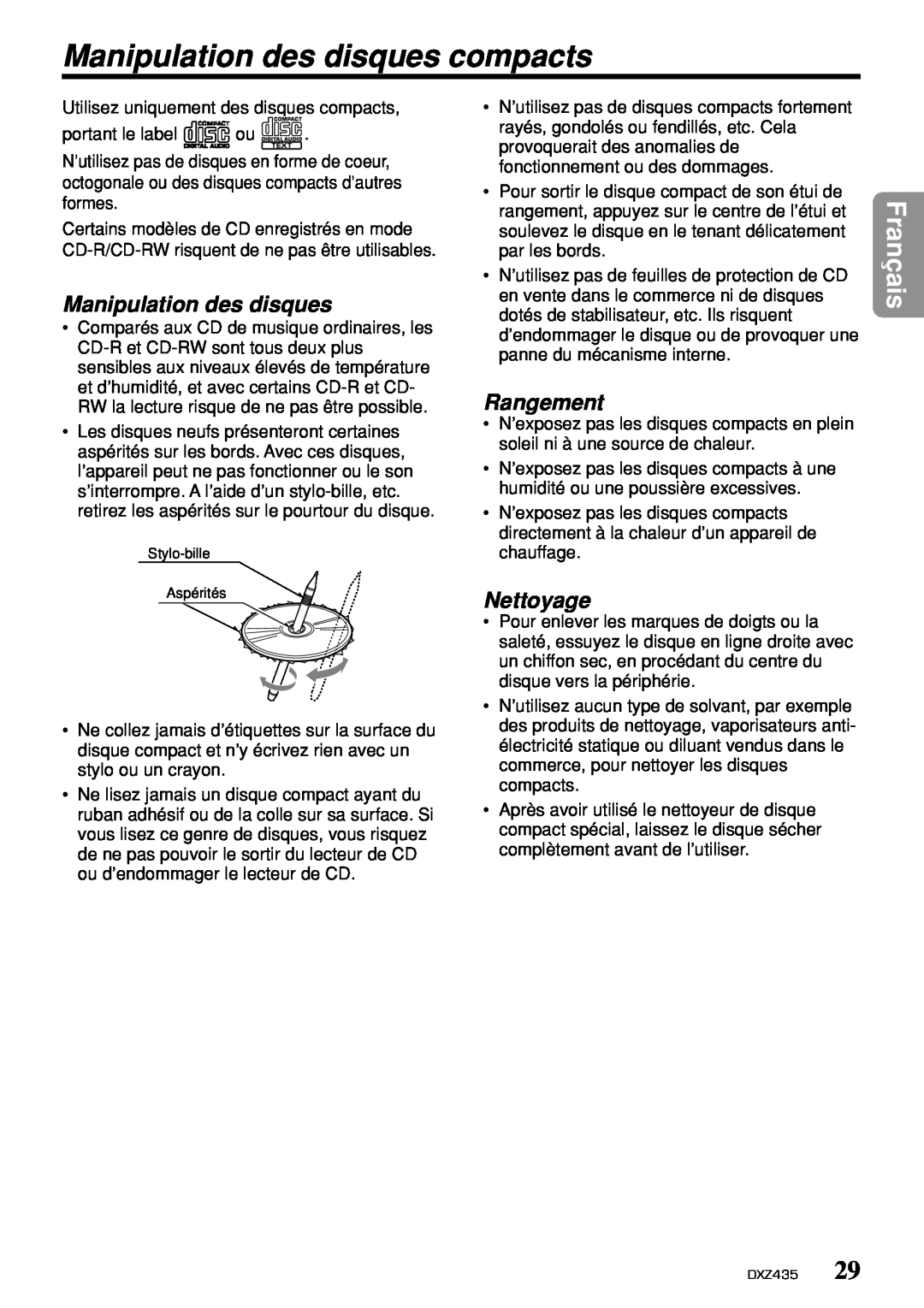 Clarion DXZ435 owner manual Manipulation des disques compacts, Rangement, Nettoyage, Français 
